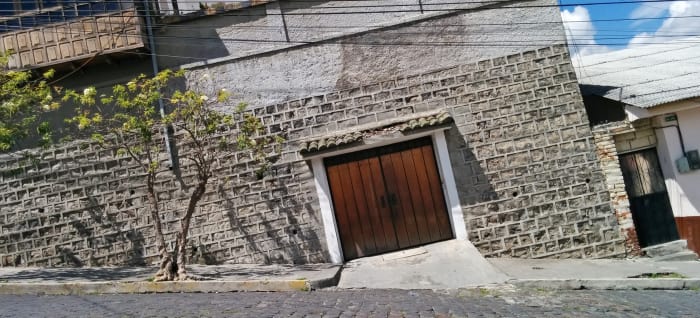 Steep street with buildings at an angle