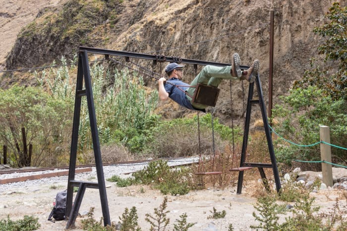 Person swings on a swingset with scrub brush all around