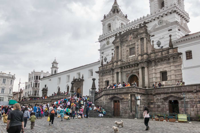 Cobblestone plaza in front of Guapulo Colonial Church and Convent
