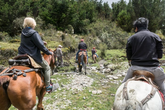 Two people on horses approach rocks on a rough trail, coming up to a small stream