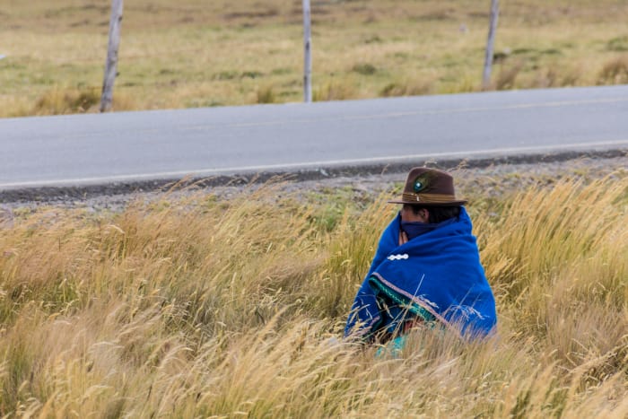 Woman wearing traditional clothes walking through field of tall grass towards road